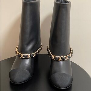Black Leather Ankle Boots with Gold Chain